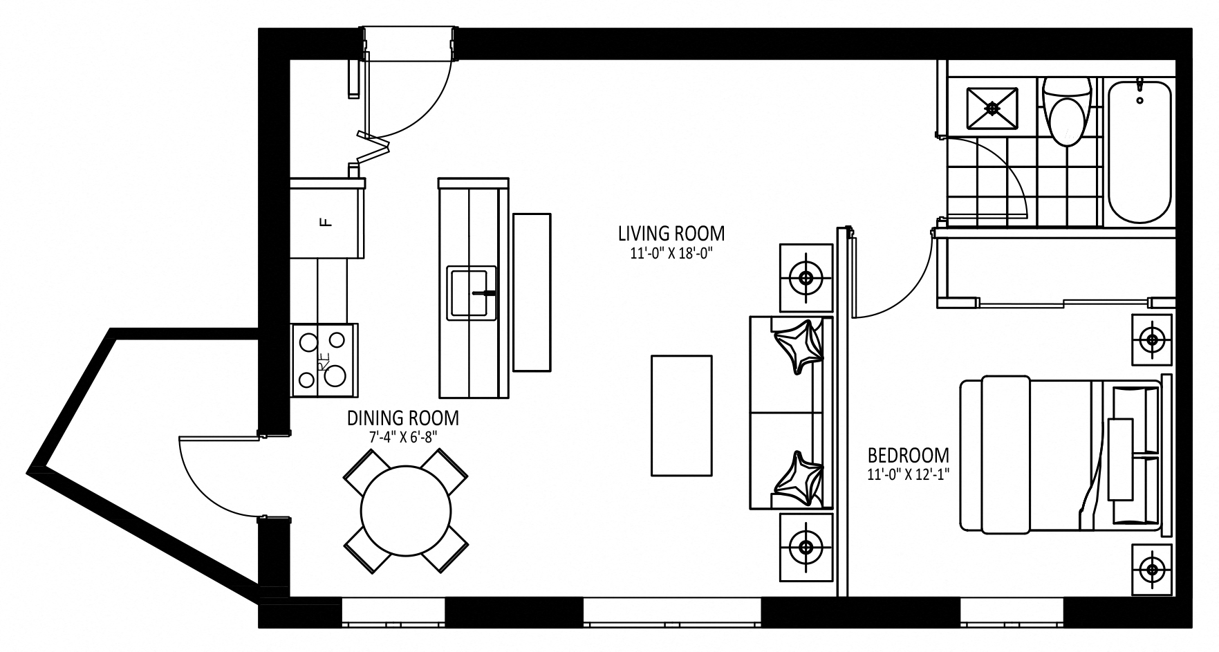 Floor plan for 1 bed, 1 bath, 610 sqft